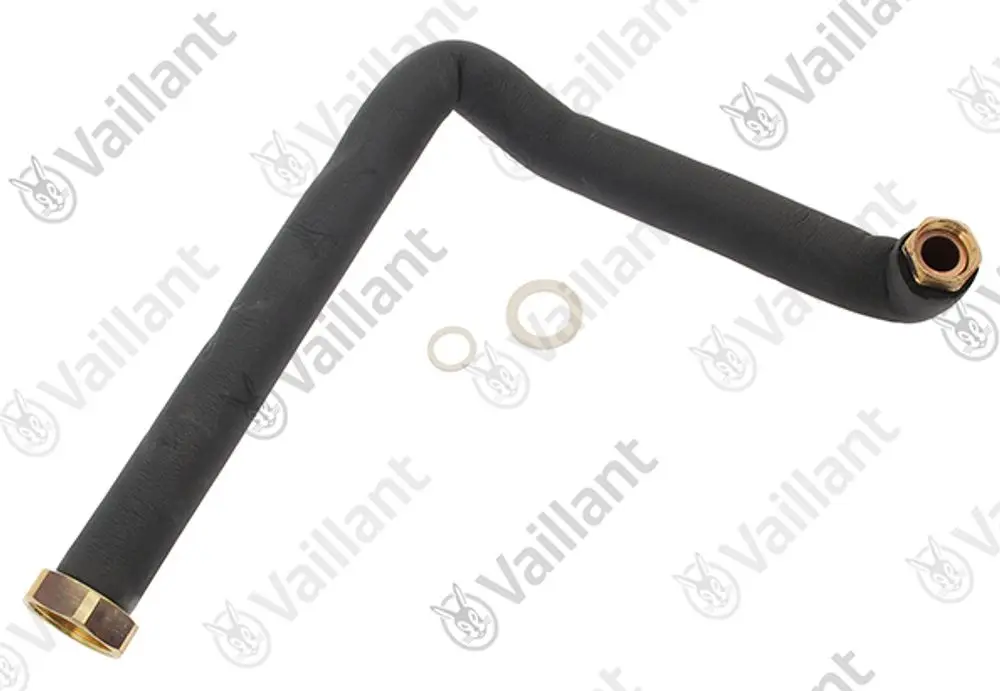 Gekrümmtes Rohr mit zwei Enden, eines mit Gewinde, aus schwarzem Material. Zubehörteil mit einem Dichtungsring, zur Verwendung in Vaillant-Systemen geeignet.